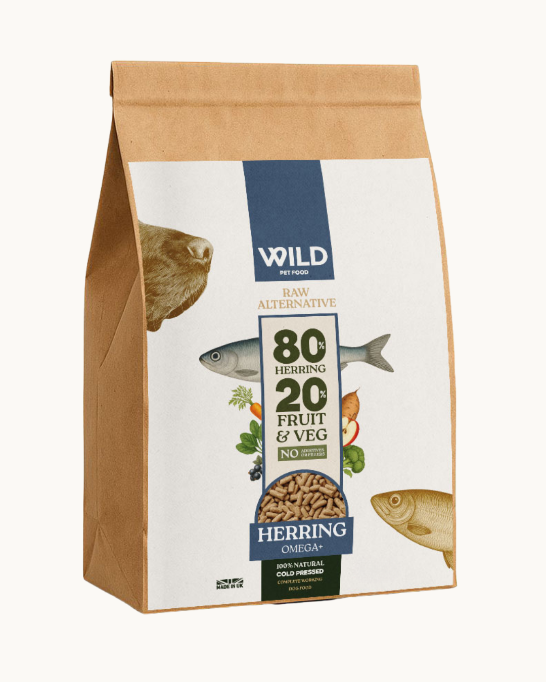 Bag of WILD pet food with herring and fruit & veg illustration on a white background