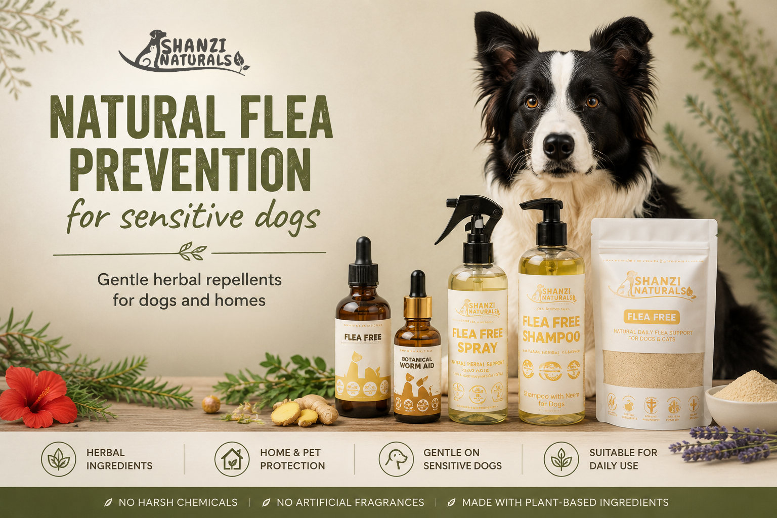 Border Collie beside natural herbal flea prevention products including flea drops, flea spray, flea shampoo and flea powder for dogs and homes by Shanzi Naturals.