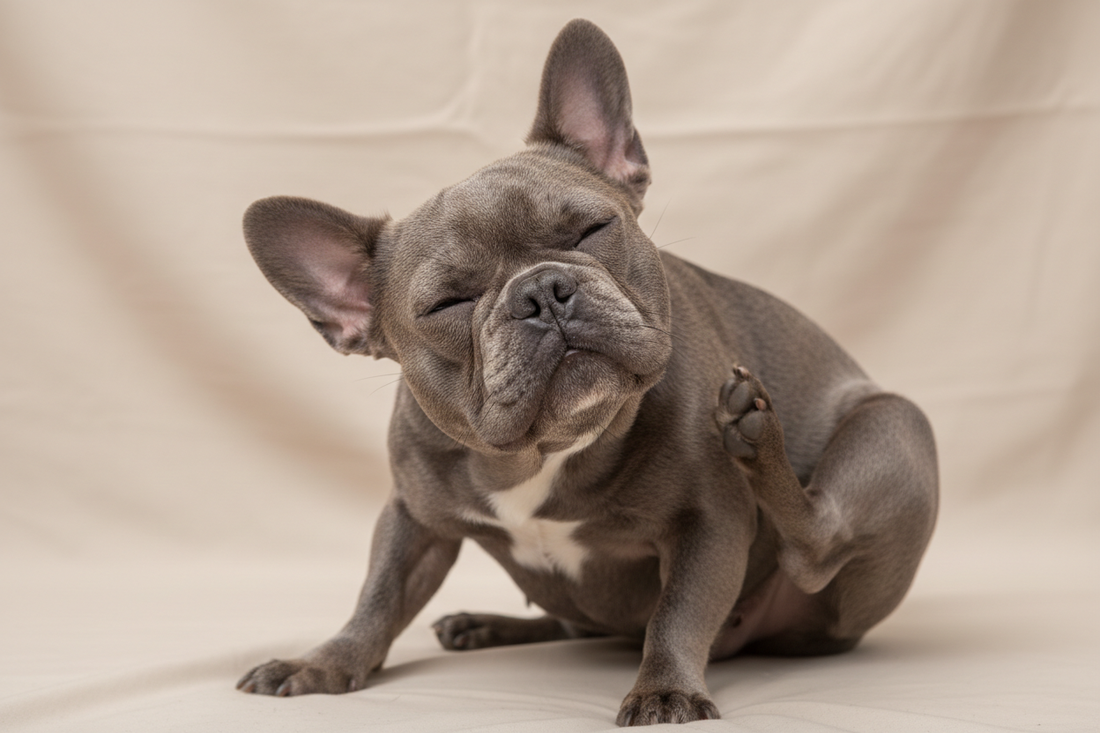 a blue french bulldog scratching himself