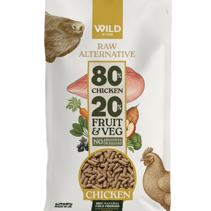 Package of Wild Pet Food raw alternative with chicken, fruit, and vegetables on a white background