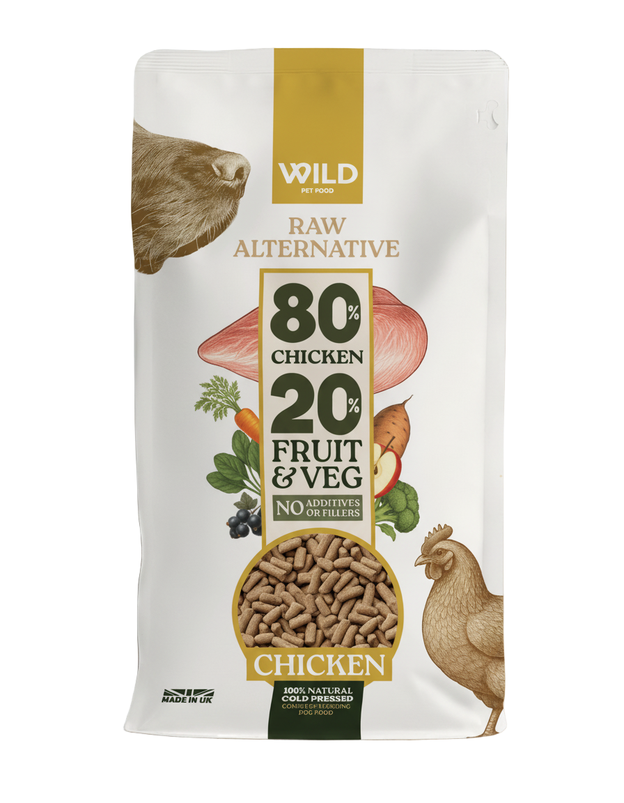 Package of Wild Pet Food raw alternative with chicken, fruit, and vegetables on a white background