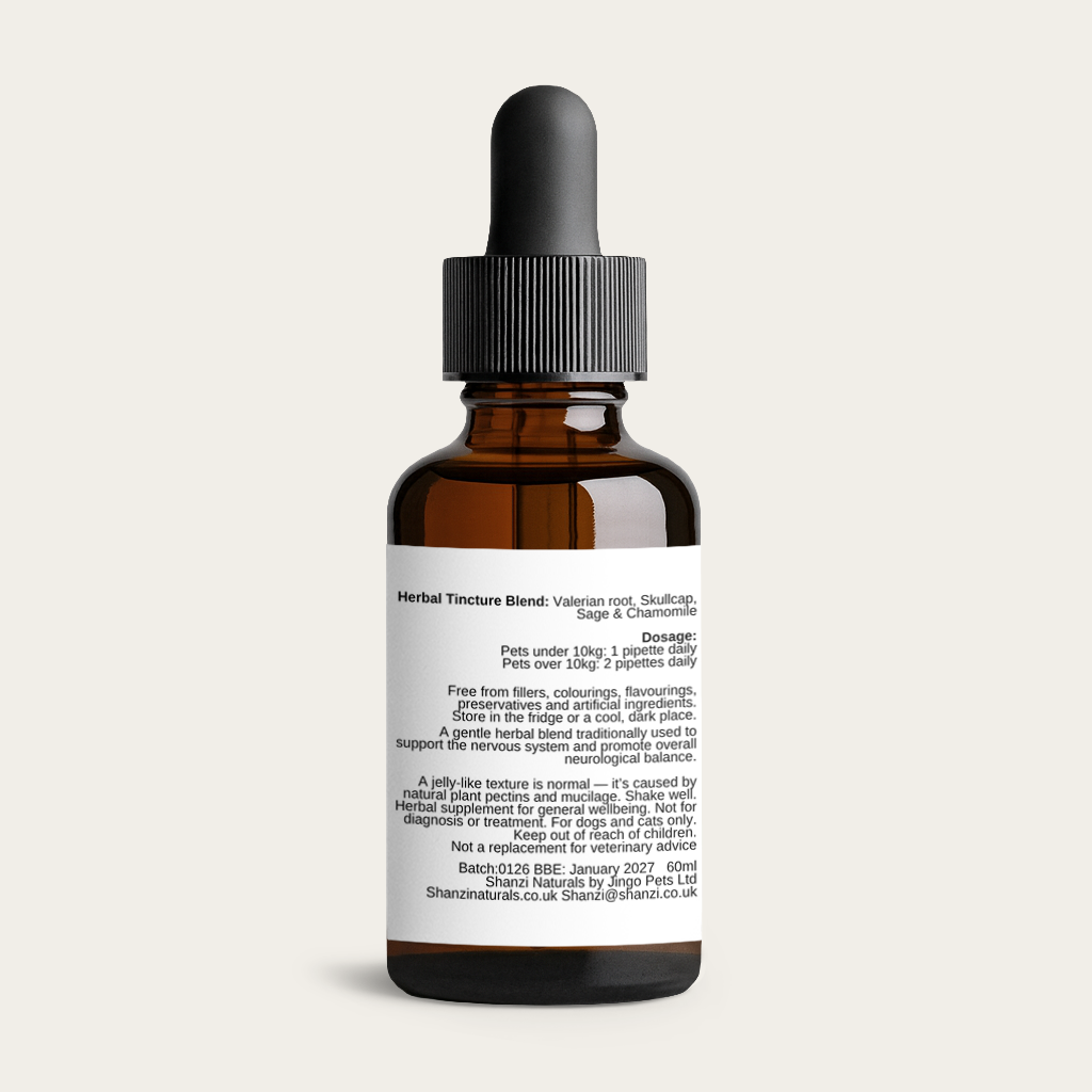Rear label view of Shanzi Naturals Epilepsy Support herbal tincture for dogs and cats