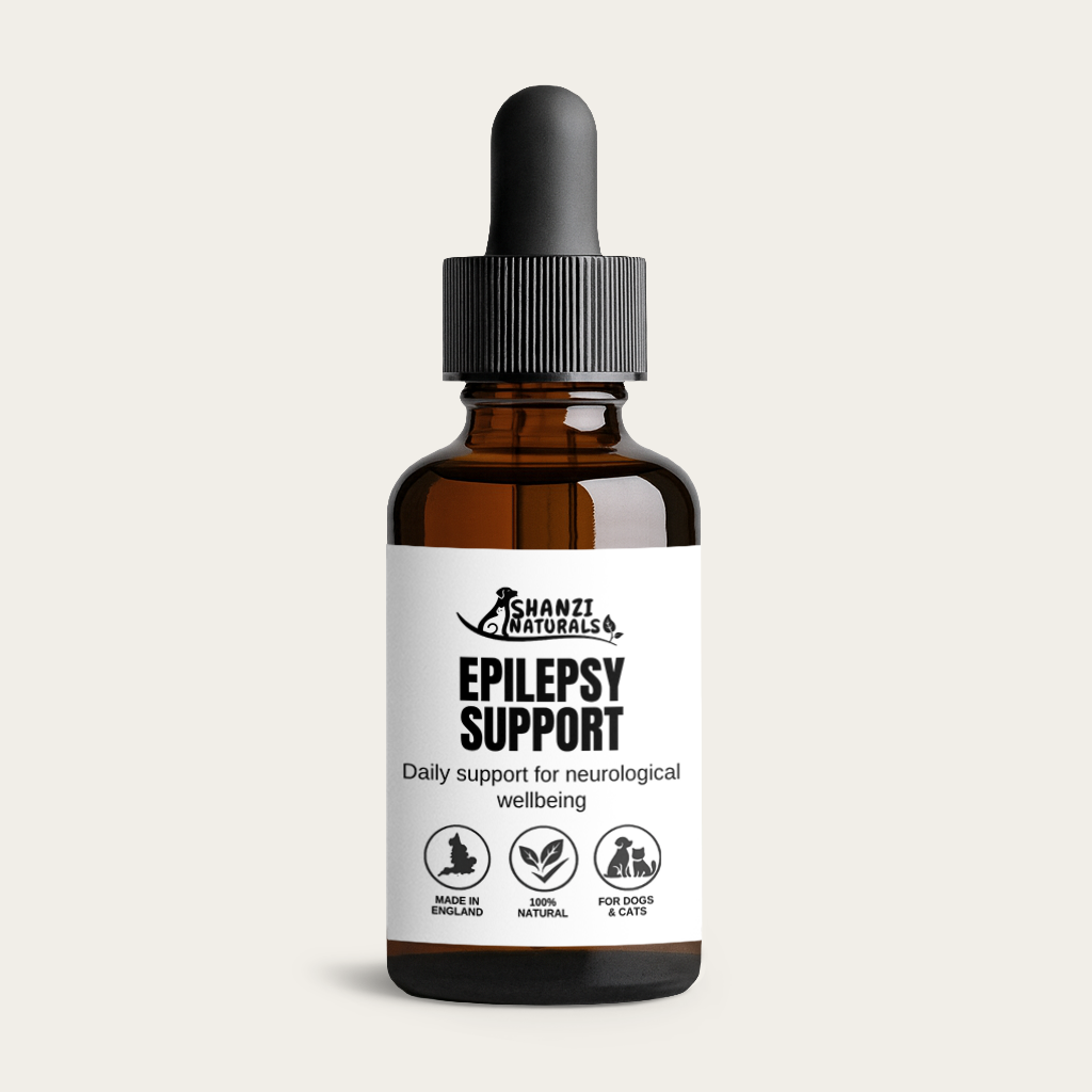 Amber bottle of Shanzi Naturals Epilepsy Support herbal tincture for dogs and cats on a light beige background