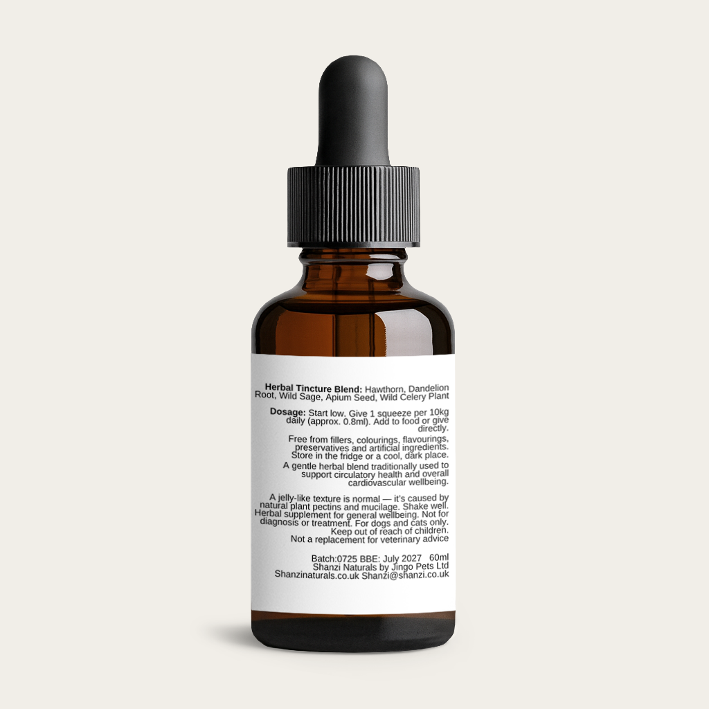 Rear view of Shanzi Naturals Heart Support tincture bottle showing ingredients, feeding directions, and storage information for dogs and cats.