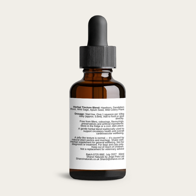 Rear view of Shanzi Naturals Heart Support tincture bottle showing ingredients, feeding directions, and storage information for dogs and cats.