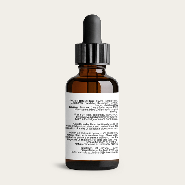 Back label of Shanzi Naturals Tummy Comfort Drops showing ingredients, feeding directions, and natural pet supplement information.