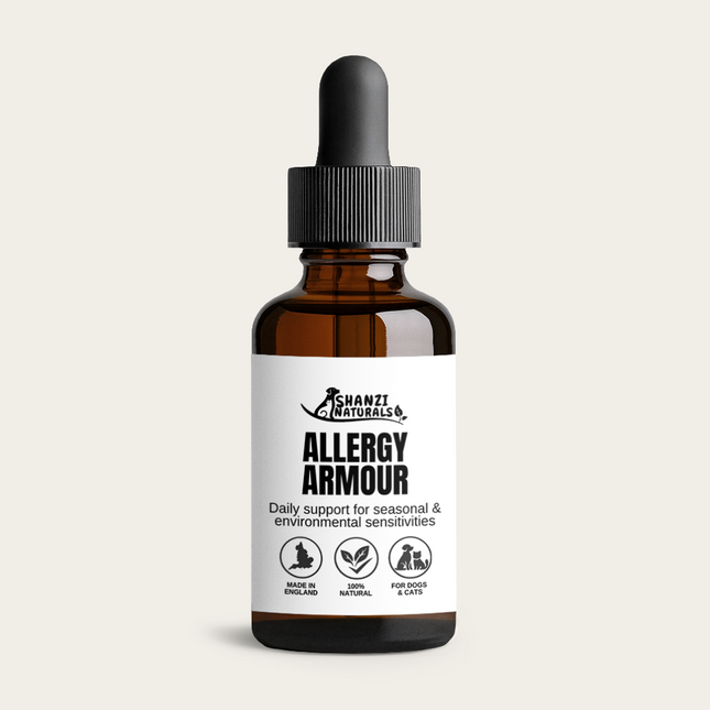 Bottle of Allergy Armour with Shanzi Naturals label on a light beige background