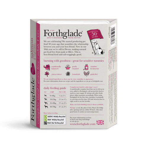 Back of Forthglade Salmon Wet Dog Food pack displaying full ingredient list, feeding guidelines, and nutritional values.