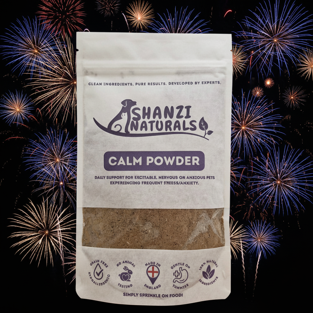 Shanzi Naturals Calm Powder package with fireworks in the background