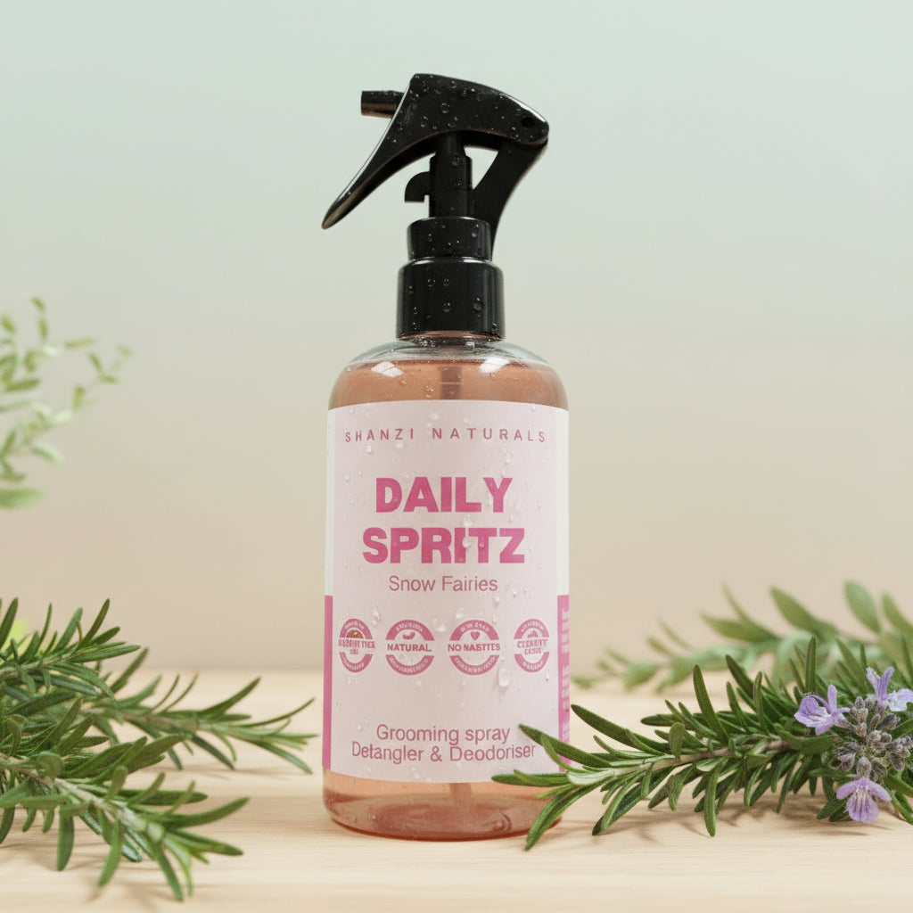 Bottle of 'Daily Spritz' grooming spray on a wooden surface with a striped background