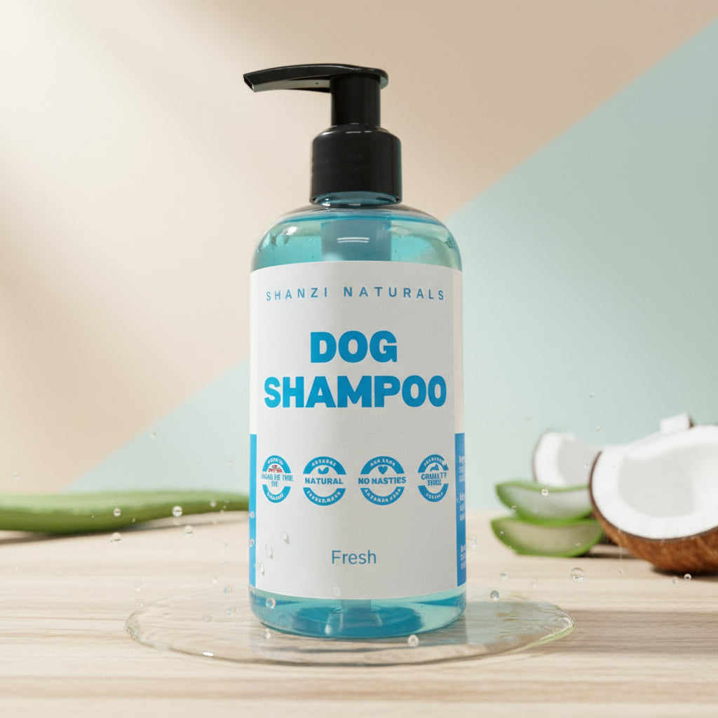 Bottle of Shanzi Naturals dog shampoo on a wooden surface with a striped background