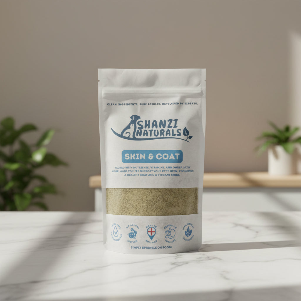 Shanzi Naturals Skin & Coat product packaging on a wooden surface with a gray background