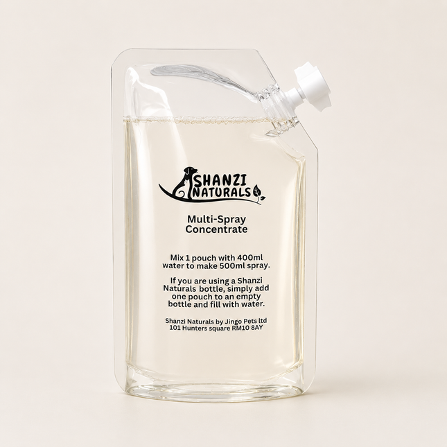 Shanzi Naturals multi-spray concentrate pouch on a beige background
