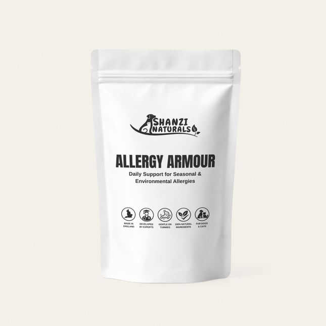 White packaging of 'Allergy Armour' by Shanzi Naturals on a light beige background