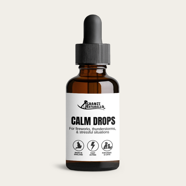 Bottle of 'Calm Drops' with a white label on a beige background
