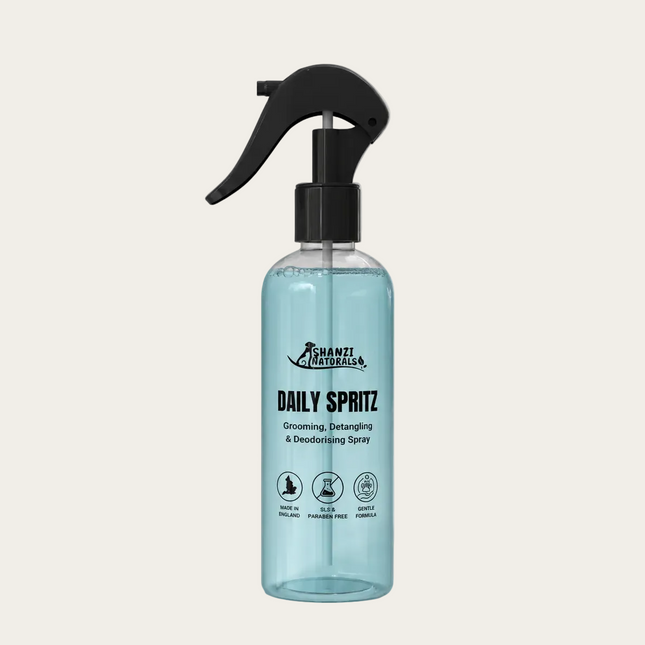 Clear spray bottle with black nozzle labeled 'Daily Spritz' on a gray background