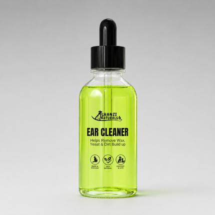 Bottle of Shanzi Naturals ear cleaner on a gray background