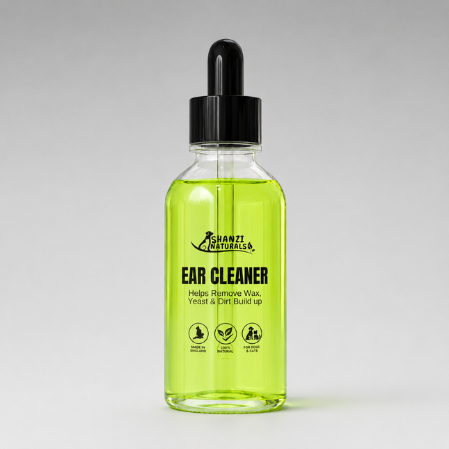 Bottle of Shanzi Naturals ear cleaner on a gray background