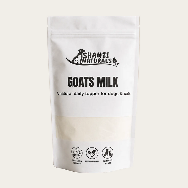 Shanzi Naturals goats milk package for dogs and cats on a beige background