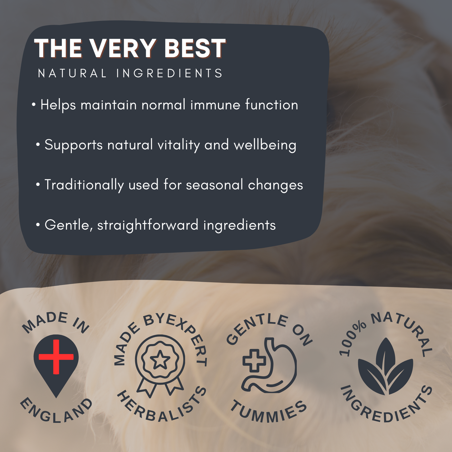 Product packaging with natural ingredients claims and icons on a blurred background