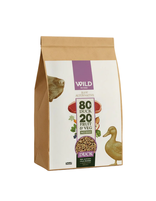 Bag of WILD pet food with duck, fruit, and veggie ingredients on a white background