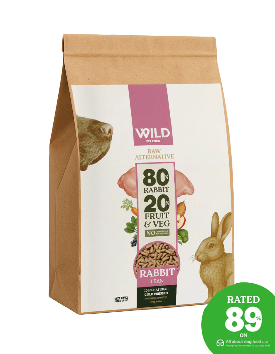Bag of Wild pet food with rabbit and fruit & veg packaging on a white background